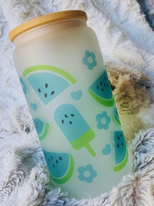 Blue Watermelon 16oz Frosted Glass Cup