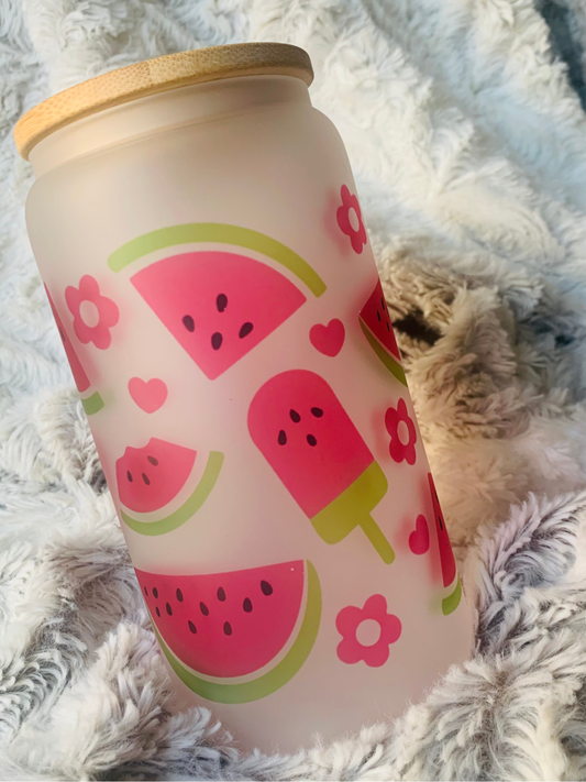Pink Watermelon 16oz Frosted Glass Cup