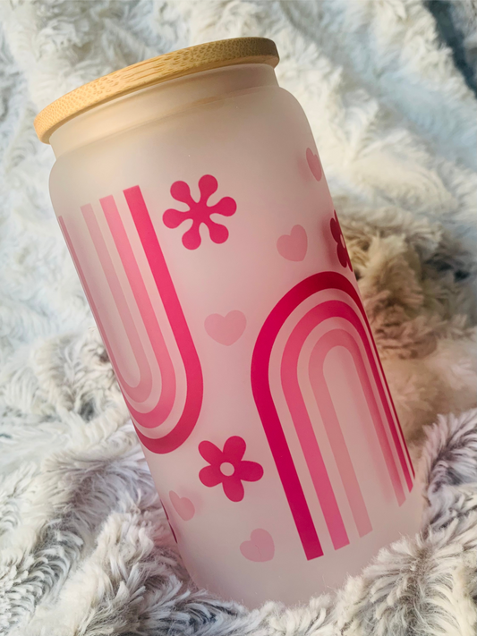 Pink Rainbow 16oz Frosted Glass Cup